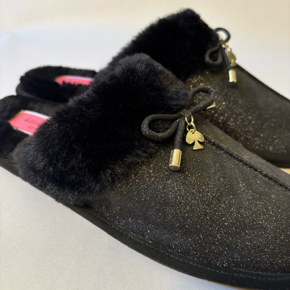 Kate Spade Black Faux Fur Glitter Slippers Size 9B - Picture 8 of 12
